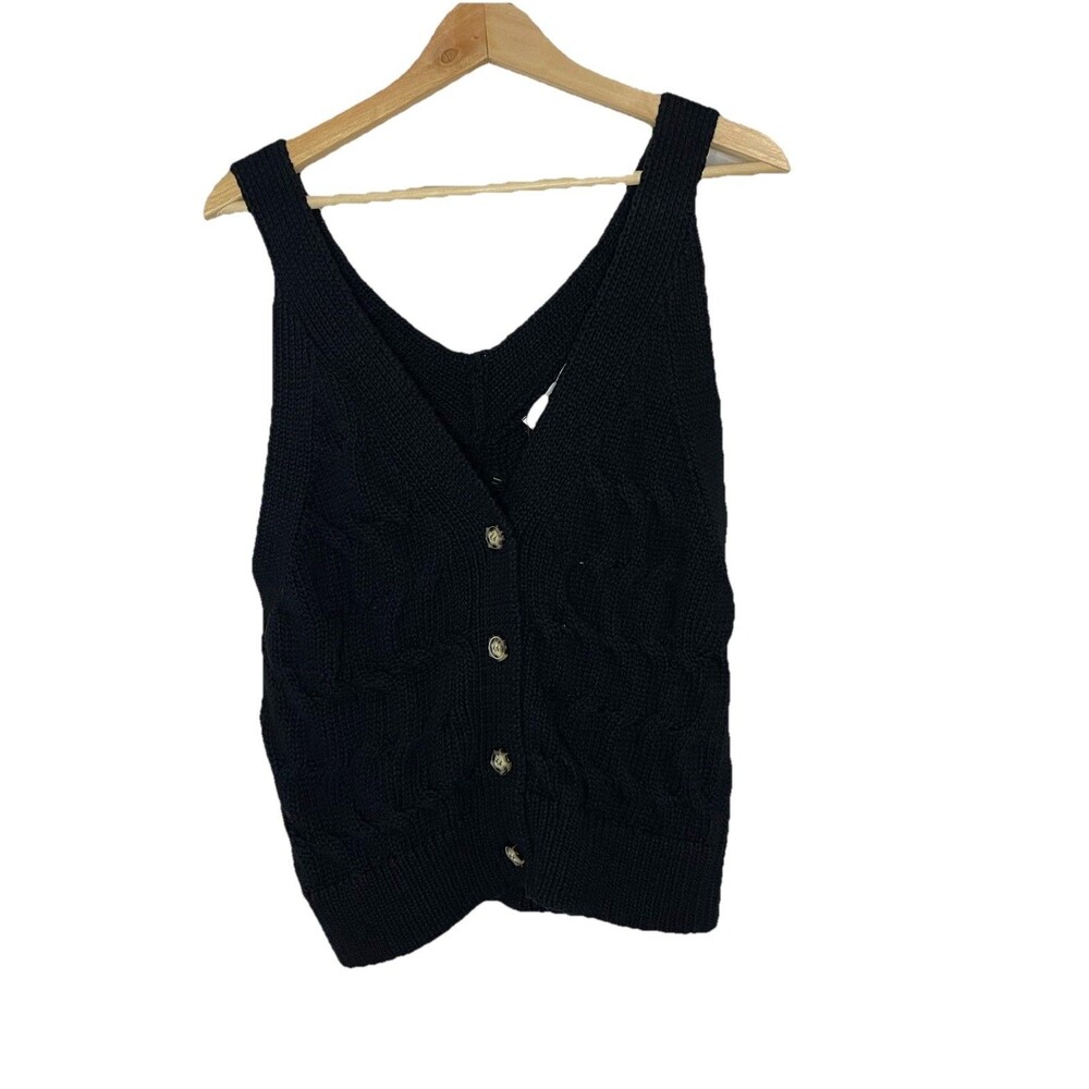 Zara Women's Medium Black Knit Sleeveless Tank Heavy Button Up Vest NEW